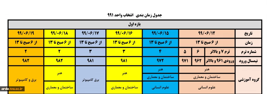 جدول زمانبندی انتخاب 991 دانشگاه فنی و حرفه ای-بازه اول