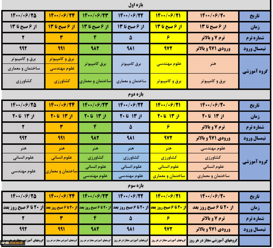 جدول زمانبندی انتخاب واحد نیمسال اول ۱۴۰۰