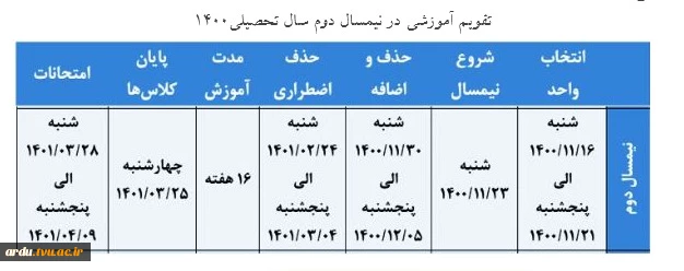 تقویم آموزشی و شیوه آموزش نیمسال دوم سالتحصیلی 1400-1401 2