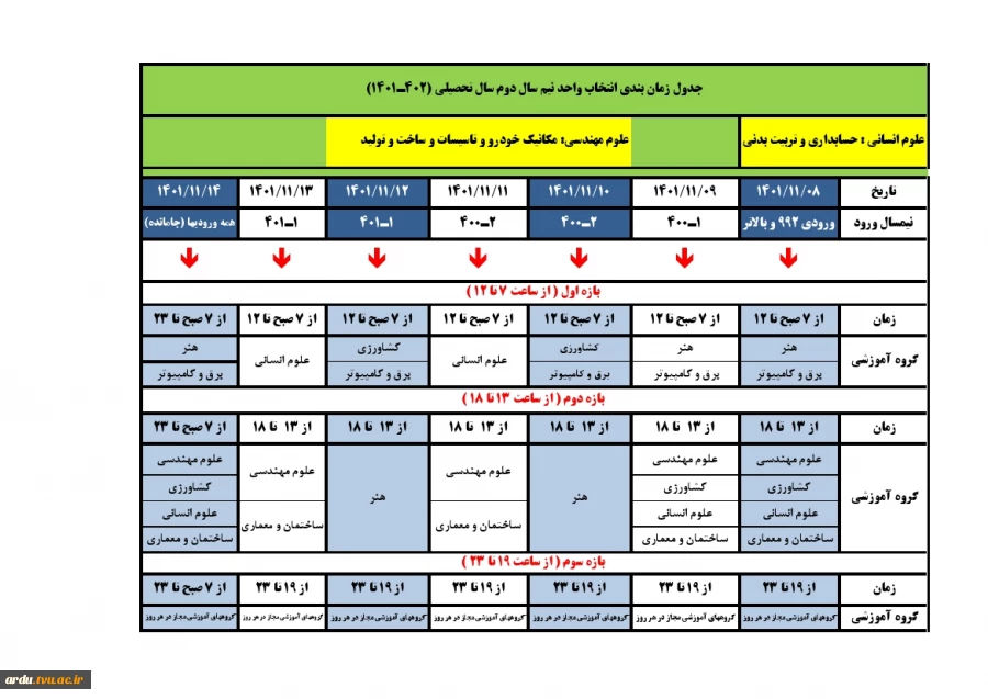 جدول زمانبندی انتخاب واحد