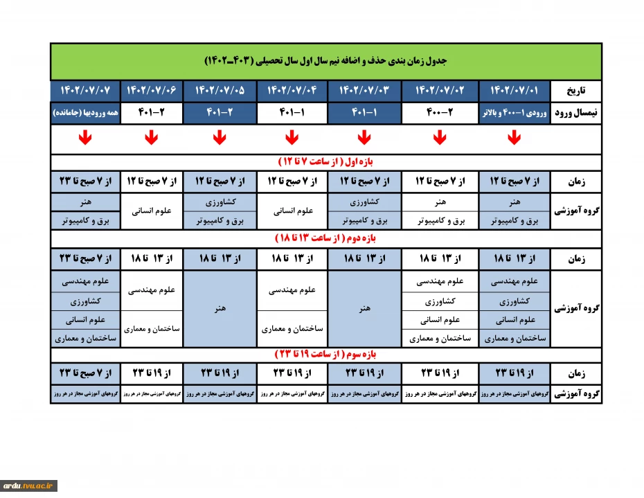 جدول زمانبندی حذف و اضافه 1-1402