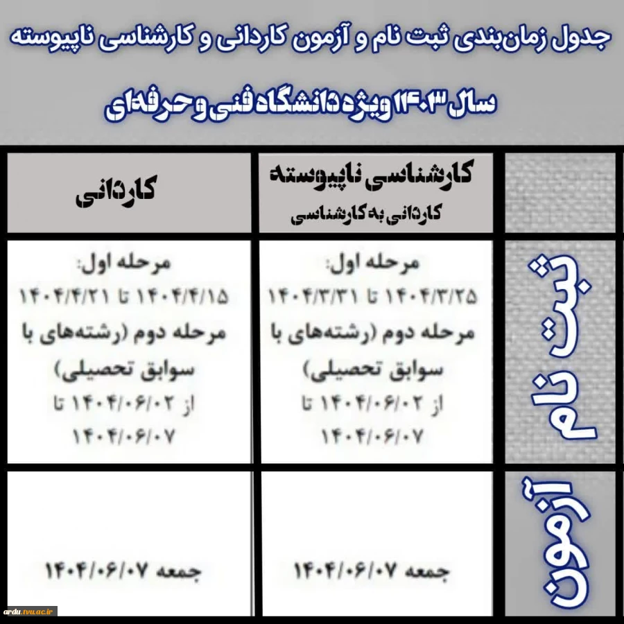 جدول زمانبندی ثبت نام و شرکت در آزمون مقاطع کاردانی و کارشناسی ناپیوسته 1403 2