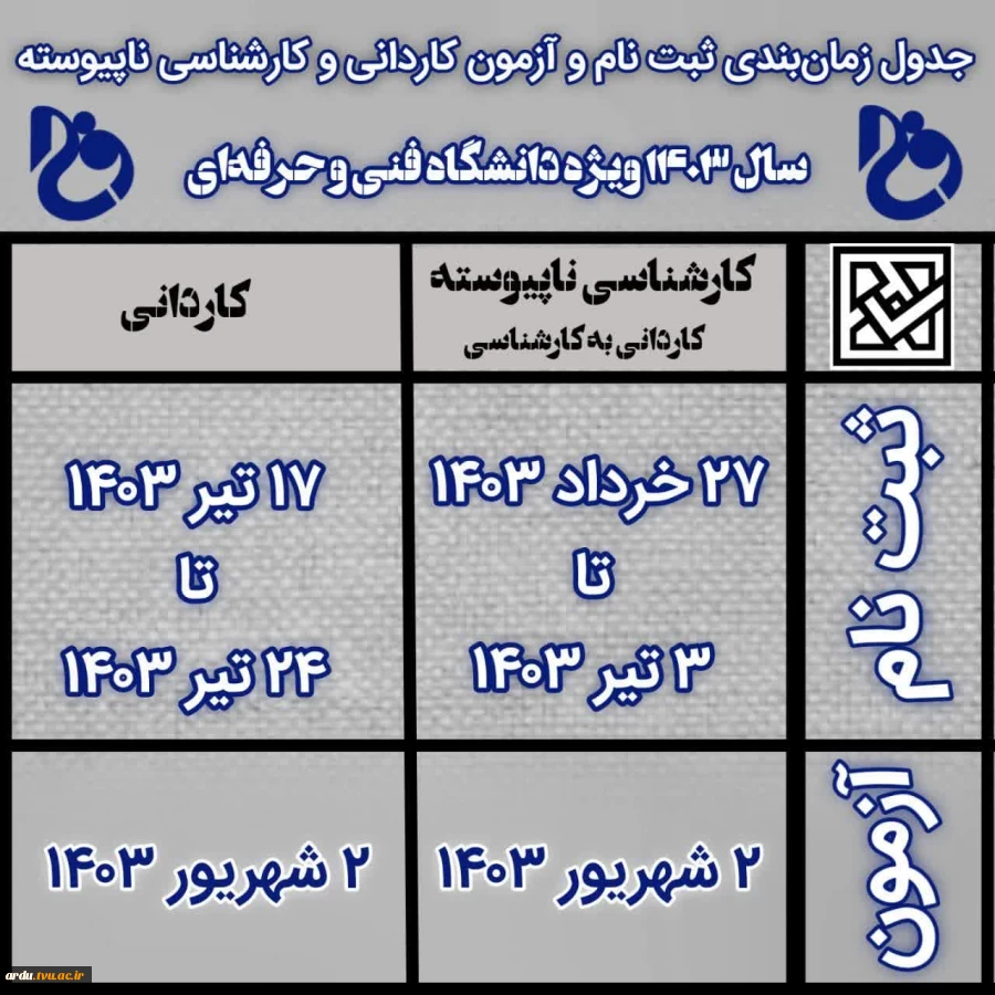 جدول زمانبندی ثبت نام و شرکت در آزمون مقاطع کاردانی و کارشناسی ناپیوسته 1403 2